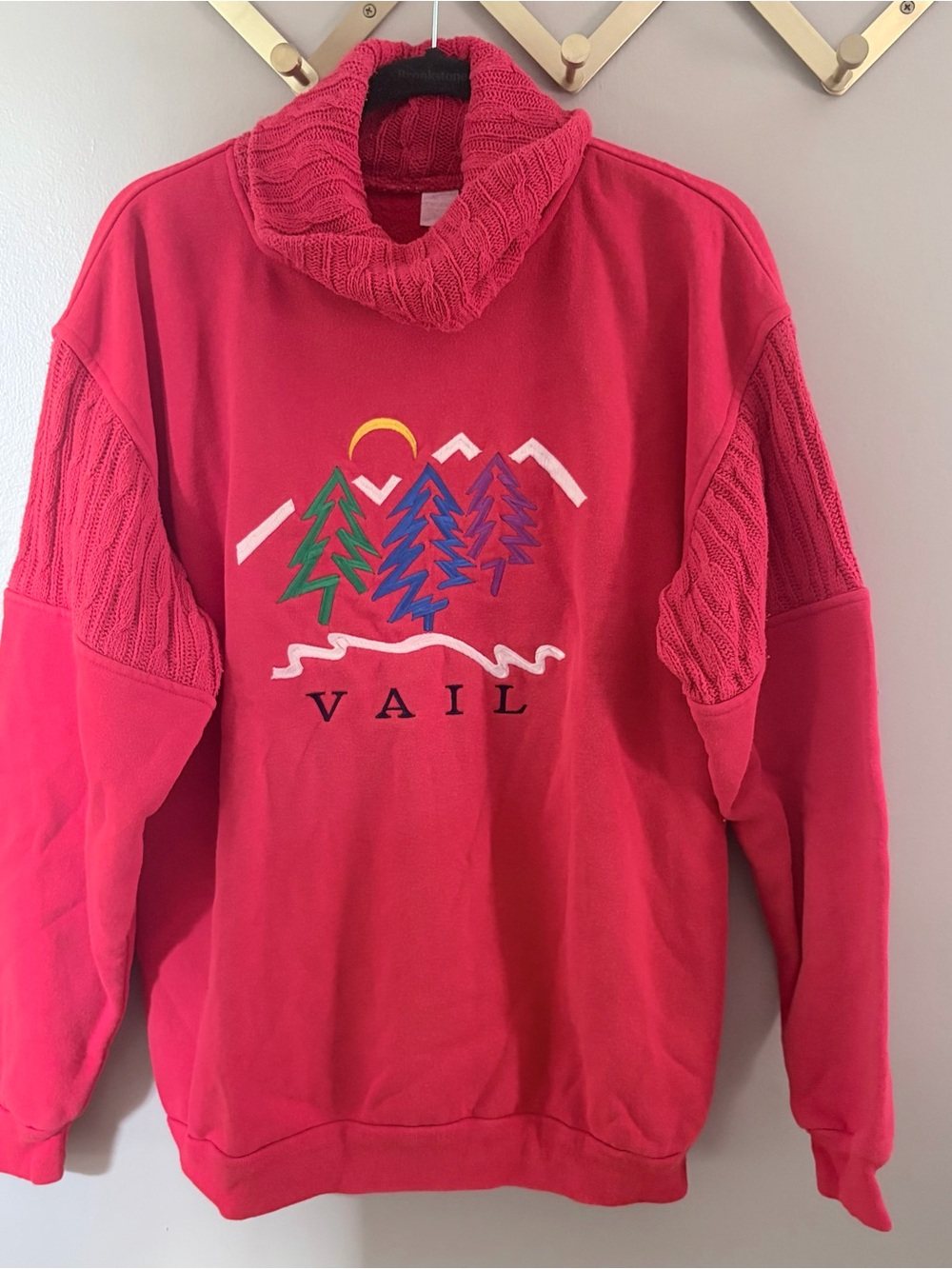 80s Vintage Vail Colorado Embroidered Cable Knit Turtleneck Sweatshirt Red XL